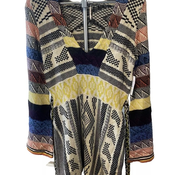 Free People Sz L Bell Sleeve Patchwork Sweater Dress 70s Retro Striped Knit Boho - Picture 3 of 8